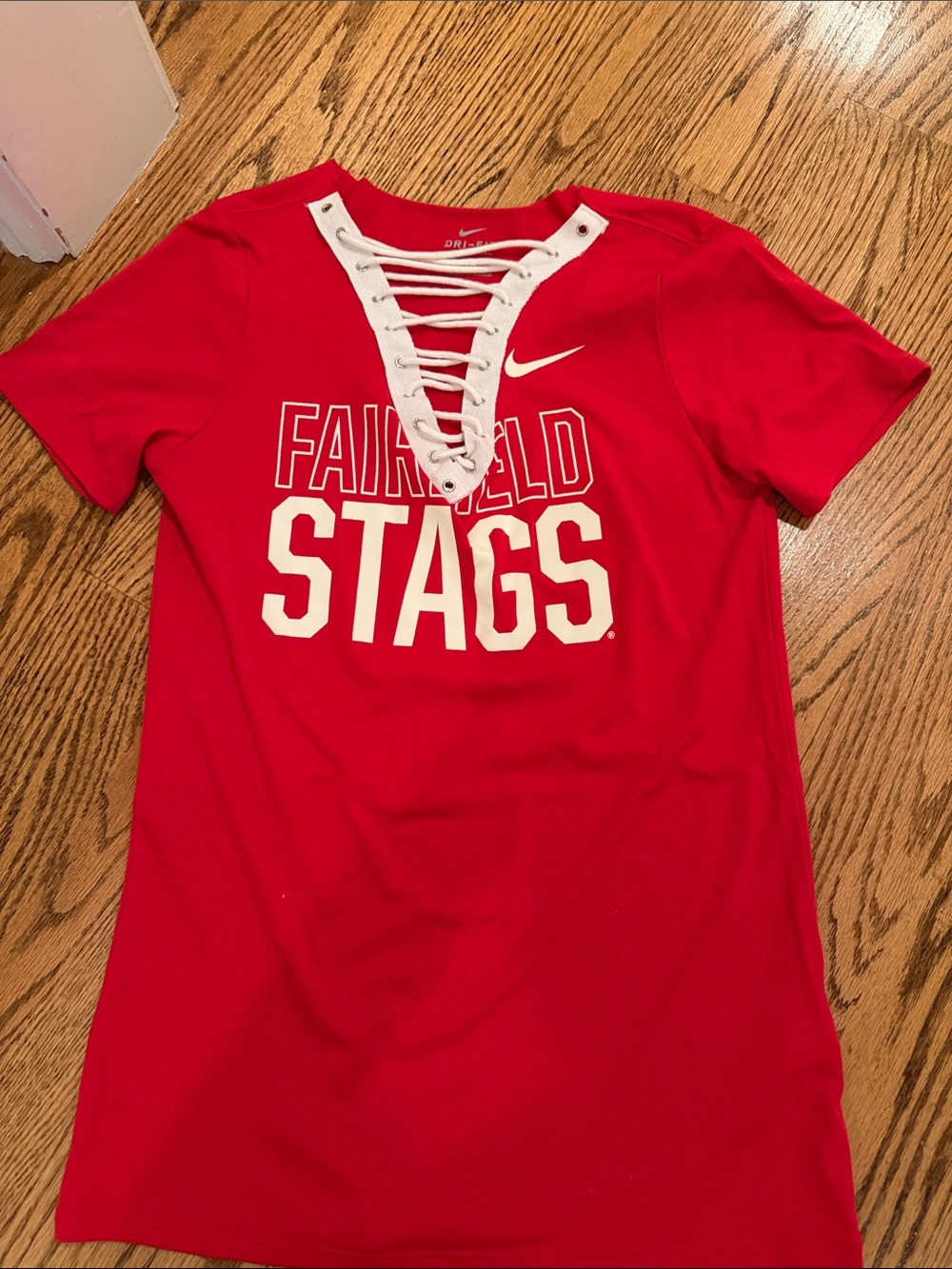 Nike Red Lace-Up V-Neck Fairfield Stags Short Sleeve Tee